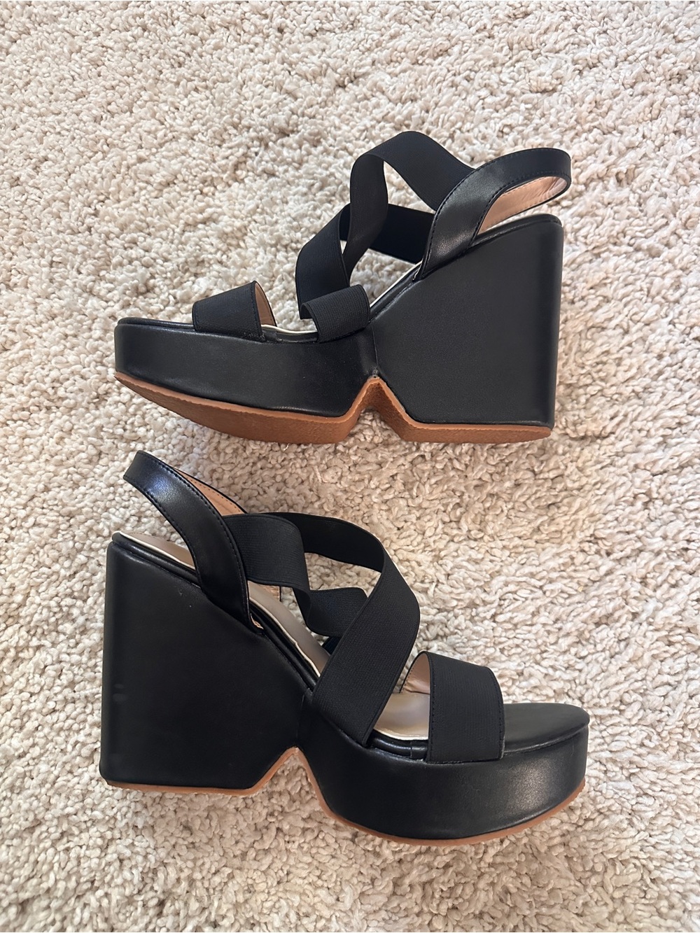 Black Platform Wedge Sandals with Elastic Straps